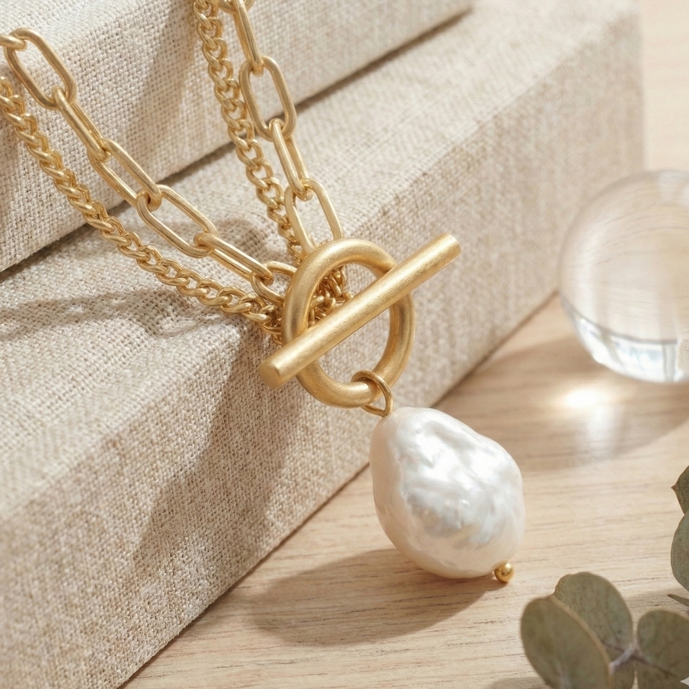 18K Gold Plated Steel Pearl Toggle Necklace Minimalist Water Resistant Gift - Picture 14 of 16